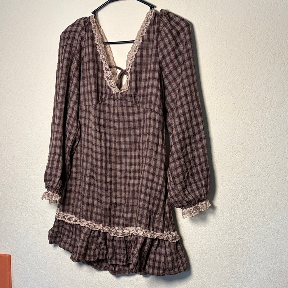 Plaid Long Sleeve Dress with Lace Trim